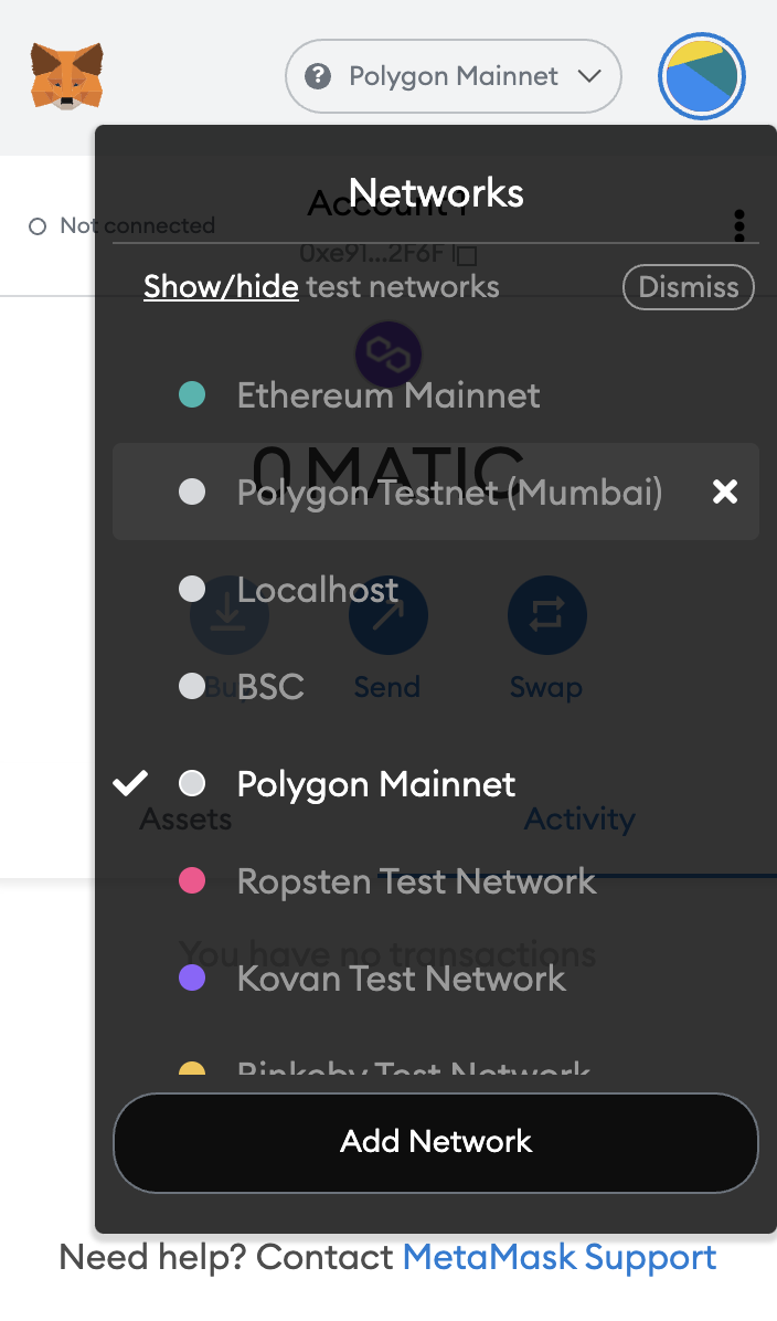 Choose Polygon Mumbai Test Network in MetaMask